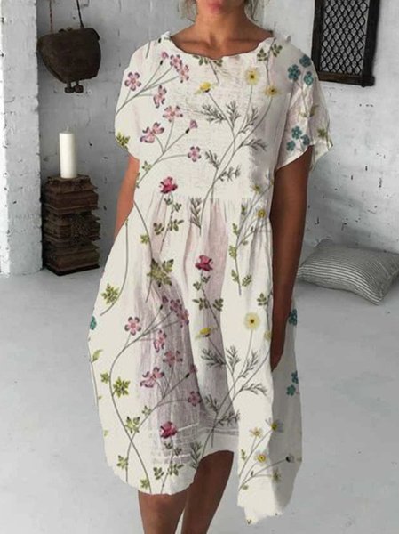 

Abito Floreale Maniche Corte Misto Cotone, Beige, Dresses