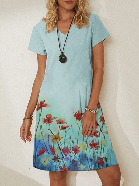 

Casual Short Sleeve Floral Shift Weaving Dress, Blue, Floral Dresses