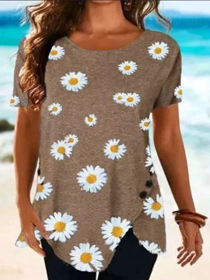 

Crew Neck Short Sleeve Floral T-shirt, Brown, T-Shirts