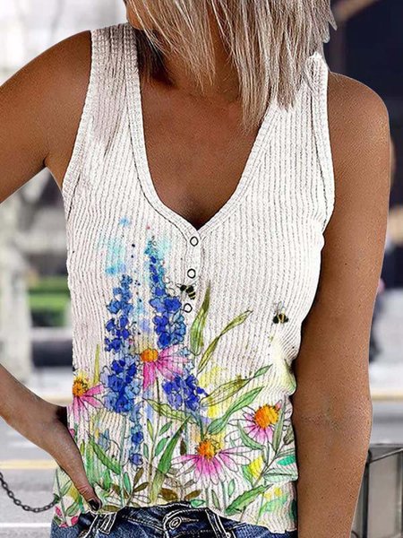 

Casuale Stampato Floreale Senza Maniche Scollo a V Top, Bianco, Tops