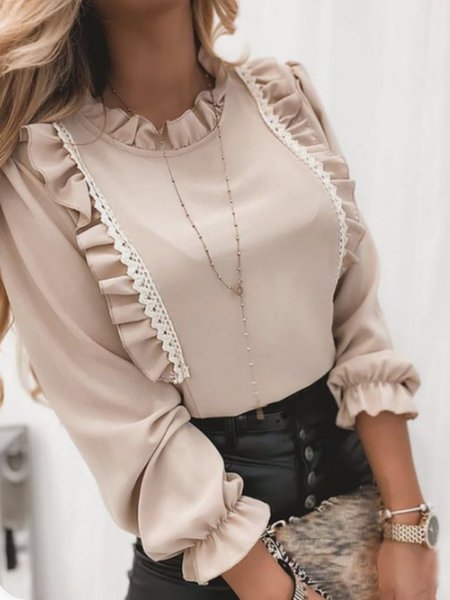 

Lady Ruffled Paneled Long Sleeve Ruffled Blouse, Apricot, Blouses and Shirts