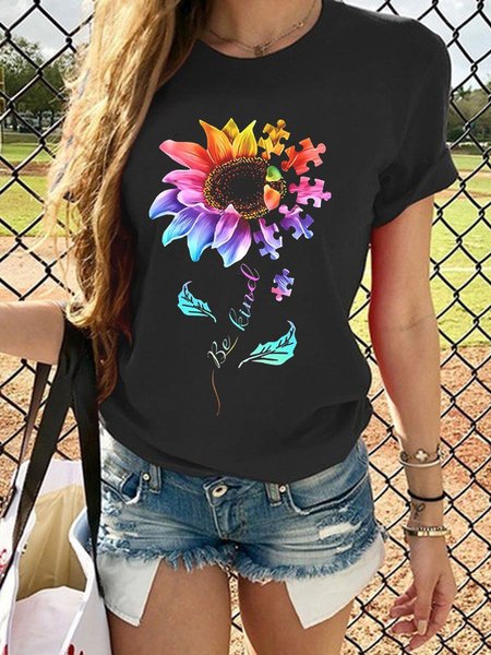 

Be Kind Colorful Sunflower Autism Puzzle Piece T-shirt Gift, Black, T-shirts