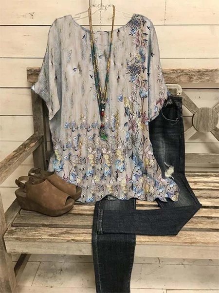 

Casuale Maniche Corte Stampato Floreale Top, Cachi, Blouses & Shirts