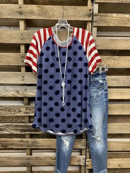 

Casual Polka Dots Crew Neck T-shirt, Blue, Tops