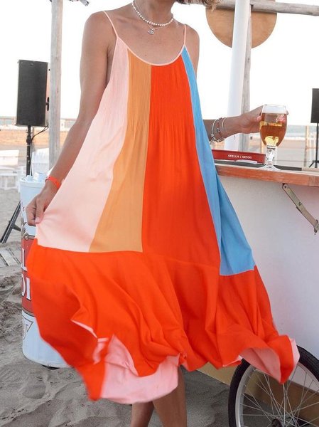 

A-line Bohemian Bretelline Sottili Abito Misto Cotone, Rosso, Maxi Dresses