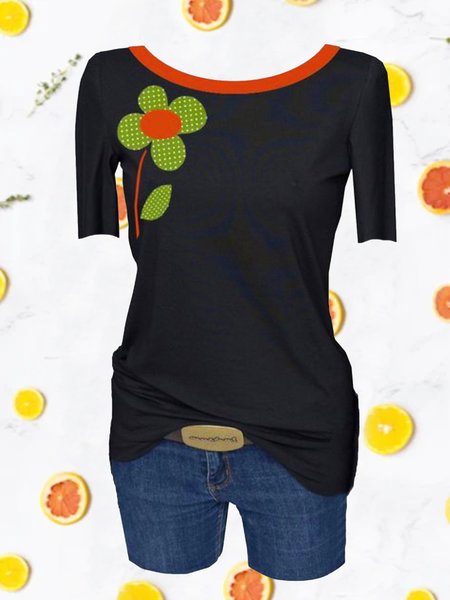 

Casual Short Sleeve Round Neck Plus Size Printed Tops, Black, Auto-Clearance