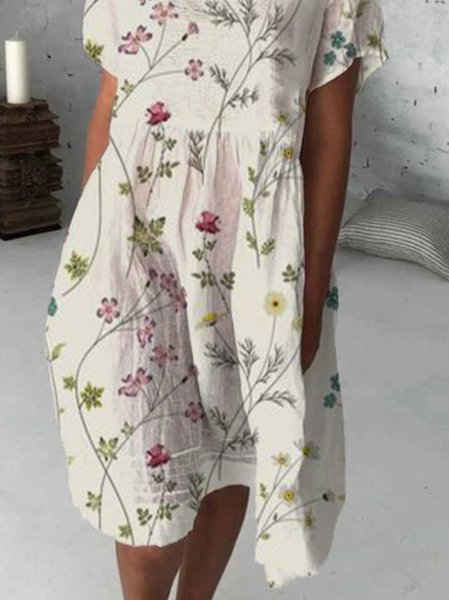 

Floral Short Sleeve Cotton-Blend Dresses, Beige, Midi Dresses