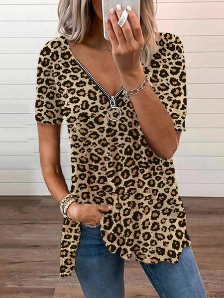 

Maniche Corte Stampato Scollo a V Poliestere Cotone Top, Leopardo, Blouses & Shirts