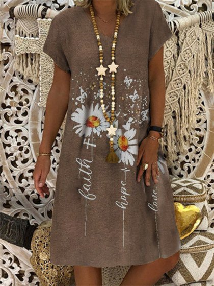 

Sunflower V Neck Short Sleeve Weaving Dress, Brown, Floral Dresses