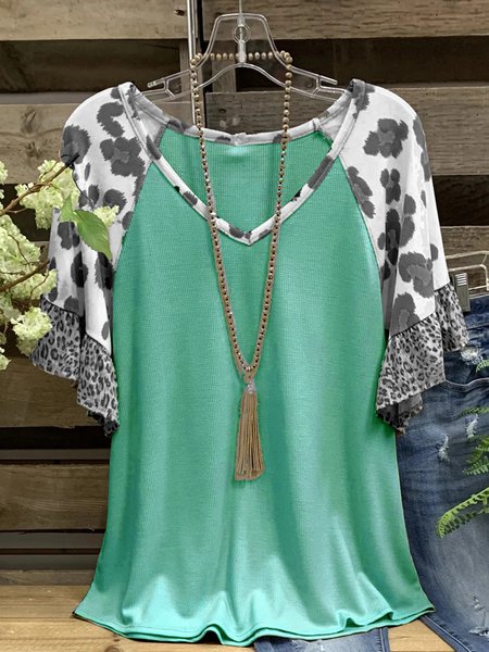 

Cotone Leopardo Maniche Corte Casuale Camicie & Top, Verde, Tops