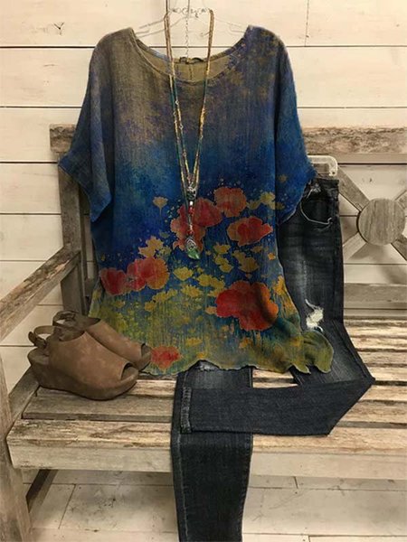

Crew Neck Casual Floral-Print Short Sleeve Tops, Multicolor, Blouses & Shirts