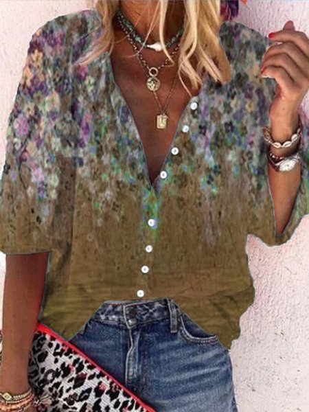

Vintage Half Sleeve Floral Printed V Neck Plus Size Casual Tops, Khaki, Blouses & Shirts