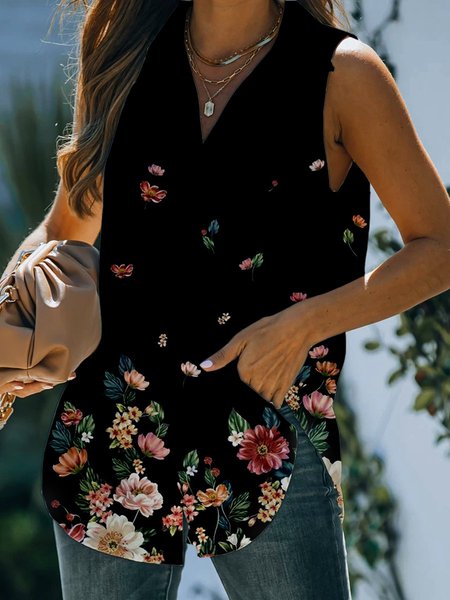 senza maniche Di base Poliestere Cotone Stampato Top, Nero, Tank Top