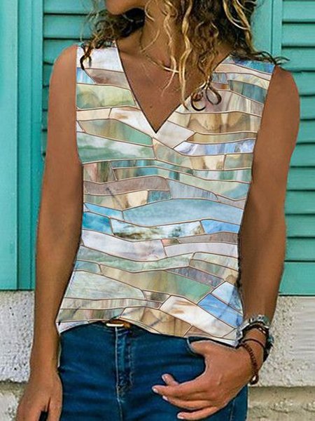

Geometric Sleeveless Printed Cotton-blend V neck Vintage Summer Beige Top, Tank Tops & Camis