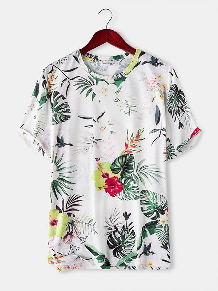 

Mens Tropical Leaves & Flower Printed Holiday Short Sleeve Floral T-Shirt, White, Men's t-shirts