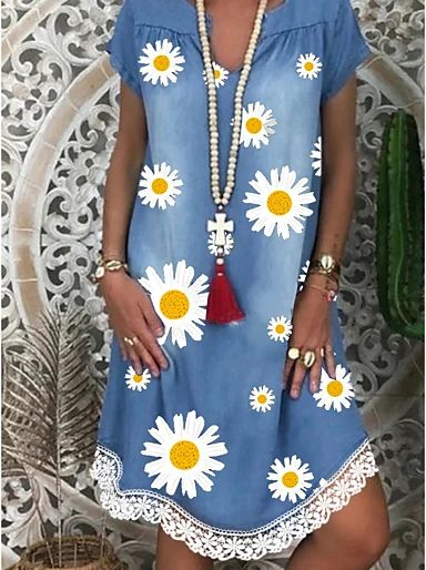 

V Neck Short Sleeve Floral Weaving Dress, Blue, Floral Dresses