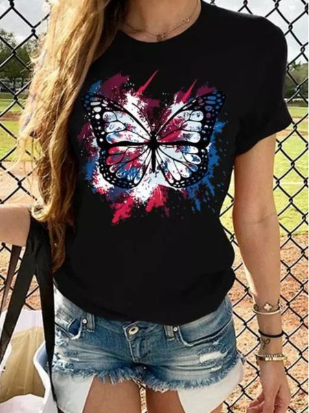 

Short Sleeve Butterfly Crew Neck Tops, Black, T-Shirts