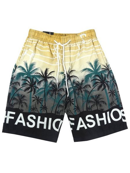 Men's coconut tree beach casual home pocket shorts, Yellow, Shorts
