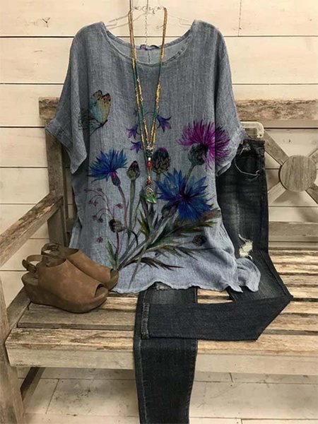 Casual Short Sleeve Floral Print Top
