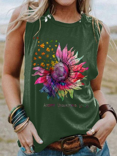 

Accept Understand Love Sleeveless Floral Casual Women Tee, Dark green, Tank Tops