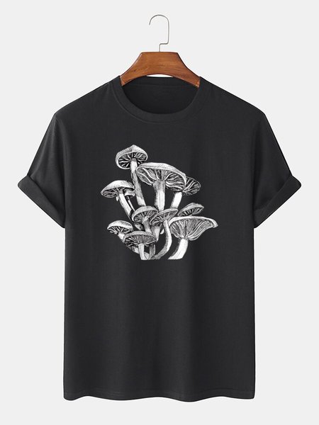 

Mens Mushroom Sketches Print O-Neck Short Sleeve T-Shirt, Black, Men's t-shirts