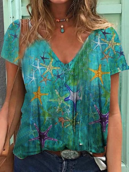 

Short Sleeve Cotton-Blend Printed Casual T-shirt, Green, T-Shirts