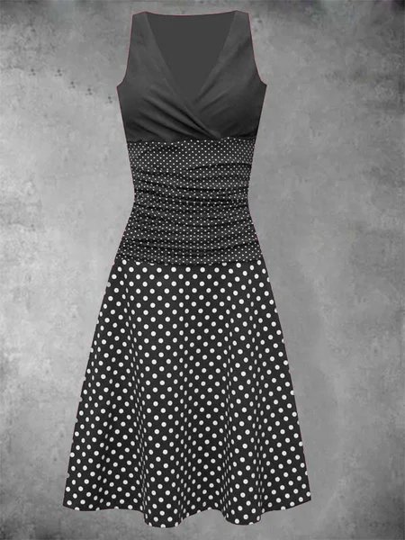 

Polka Dots V Neck Casual Sleeveless Knitting Dress, Black, Auto-Clearance