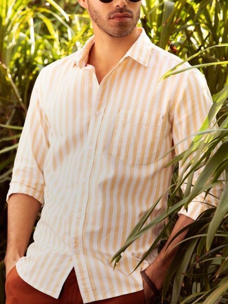 

Striped Shirt Collar Cotton-Blend Shirts, Yellow, Men's shirts