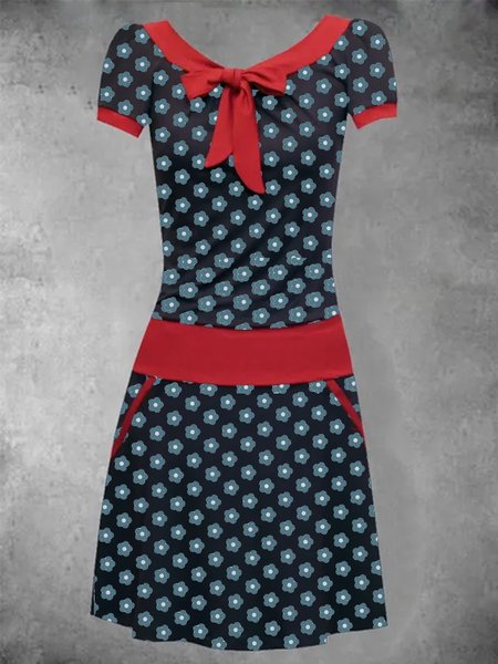 

Short Sleeve Vintage Crew Neck Dresses, Red, Dresses