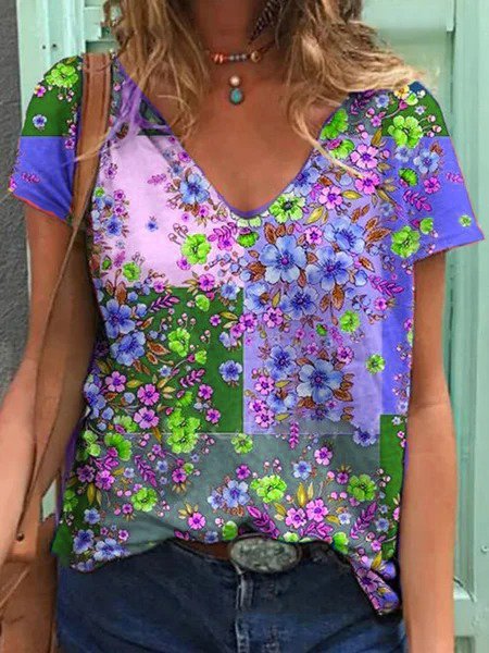 

Casuale Misto Cotone Scollo a V Stampato Top, Viola, Blouses & Shirts