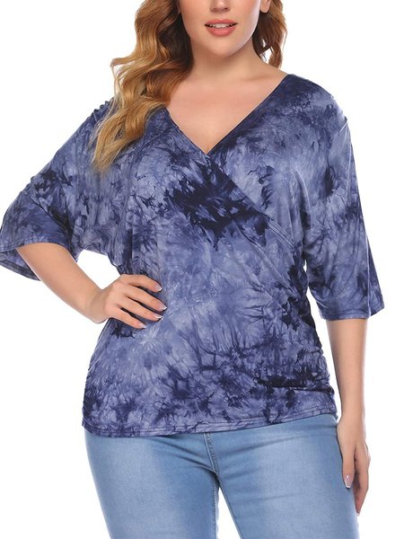 

V Neck Casual Half Sleeve Tops, Blue gray, Tops
