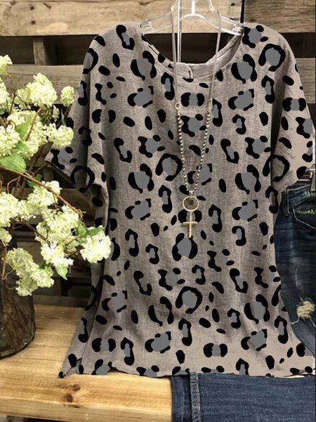 

Printed Cotton-Blend Round Neck Casual Shirts & Tops, Gray, Tees & T-shirts