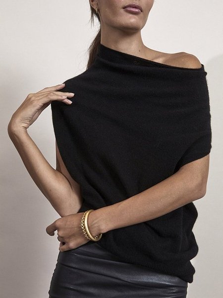 

Misto Cotone Casuale Solido Una Spalla Top, Nero, T-Shirts