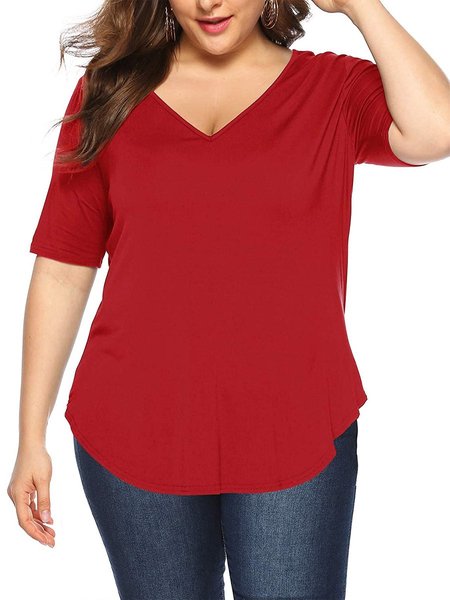 

Cotton Solid V Neck Casual Tops, Red, Tops