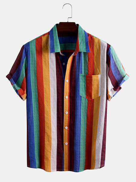 

Men's Stripe National Style Short Sleeve Casual Loose Shirt, Yellow, Men's Tops