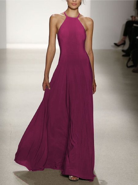 

Vintage Solido senza maniche Girocollo Abito, Rosa, Maxi Dresses