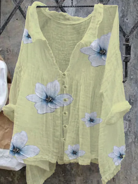 

Stampato Dritto Maniche Lunghe Floreale Top, Albicocca, Blouses & Shirts