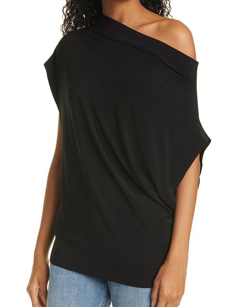 

Solido Casuale Una Spalla Misto Cotone Top, Nero, T-Shirts