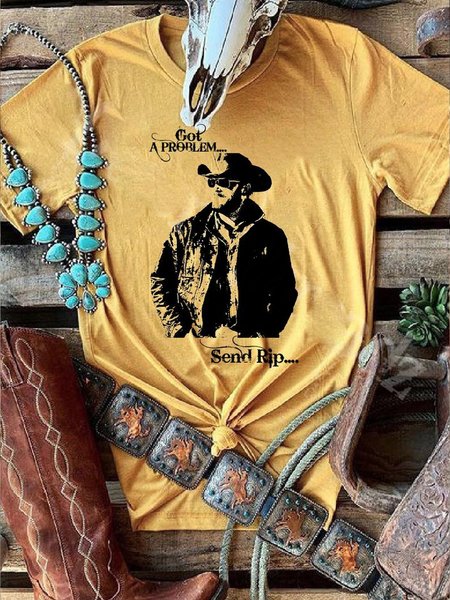 

Short Sleeve Letter Casual Shirts & Tops, Yellow, T-shirts