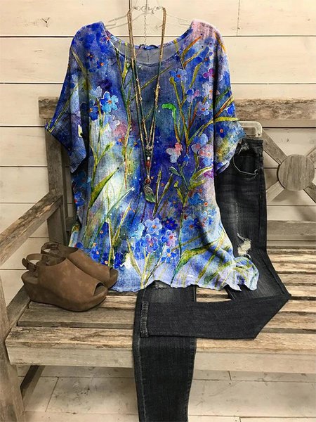 

Watercolor Forget-me-not Graphic Short-Sleeved Round Neck Loose Top, Blue, T-shirts