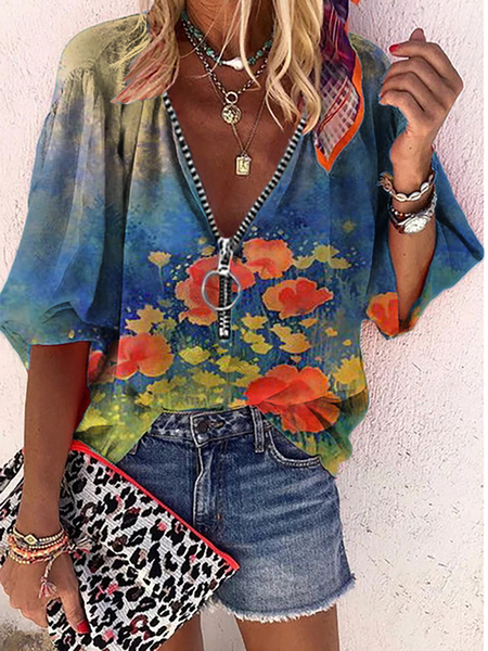 

Plus size Vintage V Neck Floral Shirts & Tops, Blue, Tops