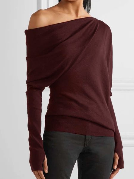 

Solido Casuale Una Spalla Maniche Lunghe Top, Vino rosso, T-Shirts