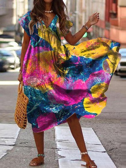 

Ombre/tie-Dye Casual Short Sleeve Weaving Dress, Multicolor, Boho dresses