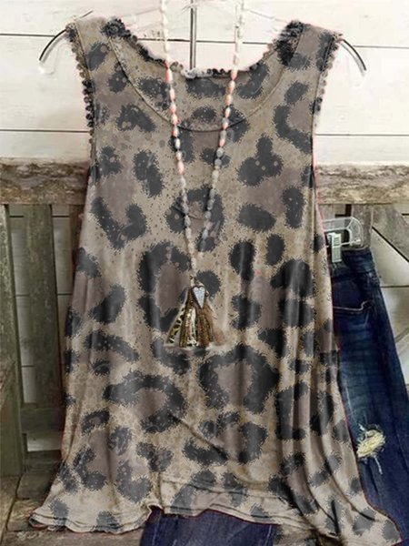 

Sleeveless Casual Crew Neck Printed Shirts & Tops, Brown, Auto-Clearance