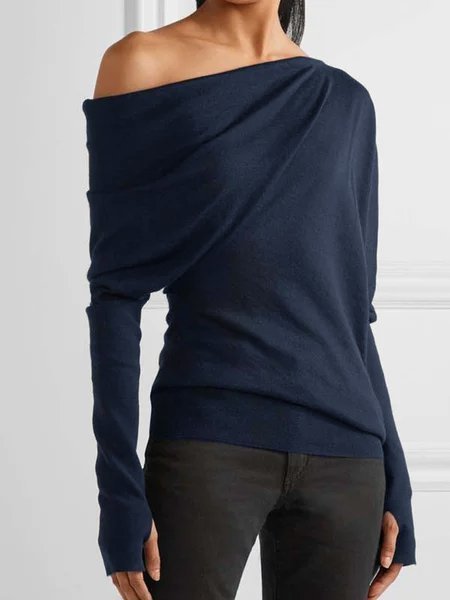 

Casual Long Sleeve Solid Cotton-Blend Elegant Top, Navy blue, Tops