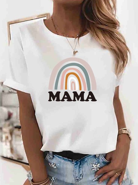 

Vintage MAMA Rainbow Printed Plus Size Short Sleeves Crew Neck Casual Tops, White, Printed T-shirts