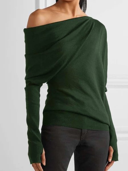 

Una Spalla Solido Misto Cotone Maniche Lunghe Top, Verde, T-Shirts