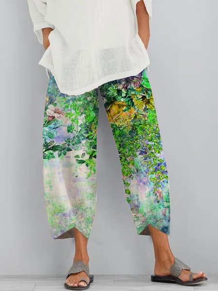 

Floral Shift Printed Cotton-blend Casual All Season Green Pants, Pants