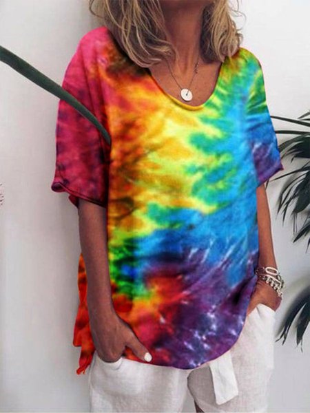 

V Neck Casual Short Sleeve Blouse, Multicolor, T-Shirts