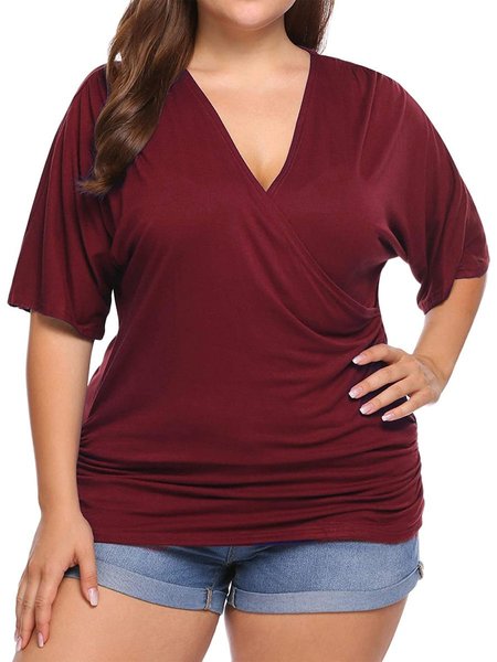 

Solid Cotton V Neck Casual Tops, Wine red, T-Shirts